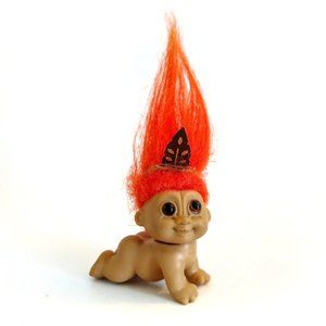 Vintage Russ Crawling Baby Troll Doll Orange Hair Feather Hair Accessory